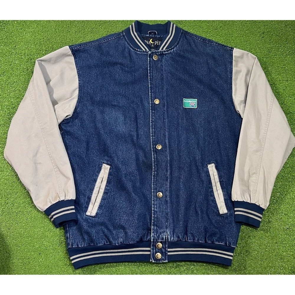 Vintage Denim Varsity Jacket L AutoNation USA street Sign Embroider Bomber MINT‎